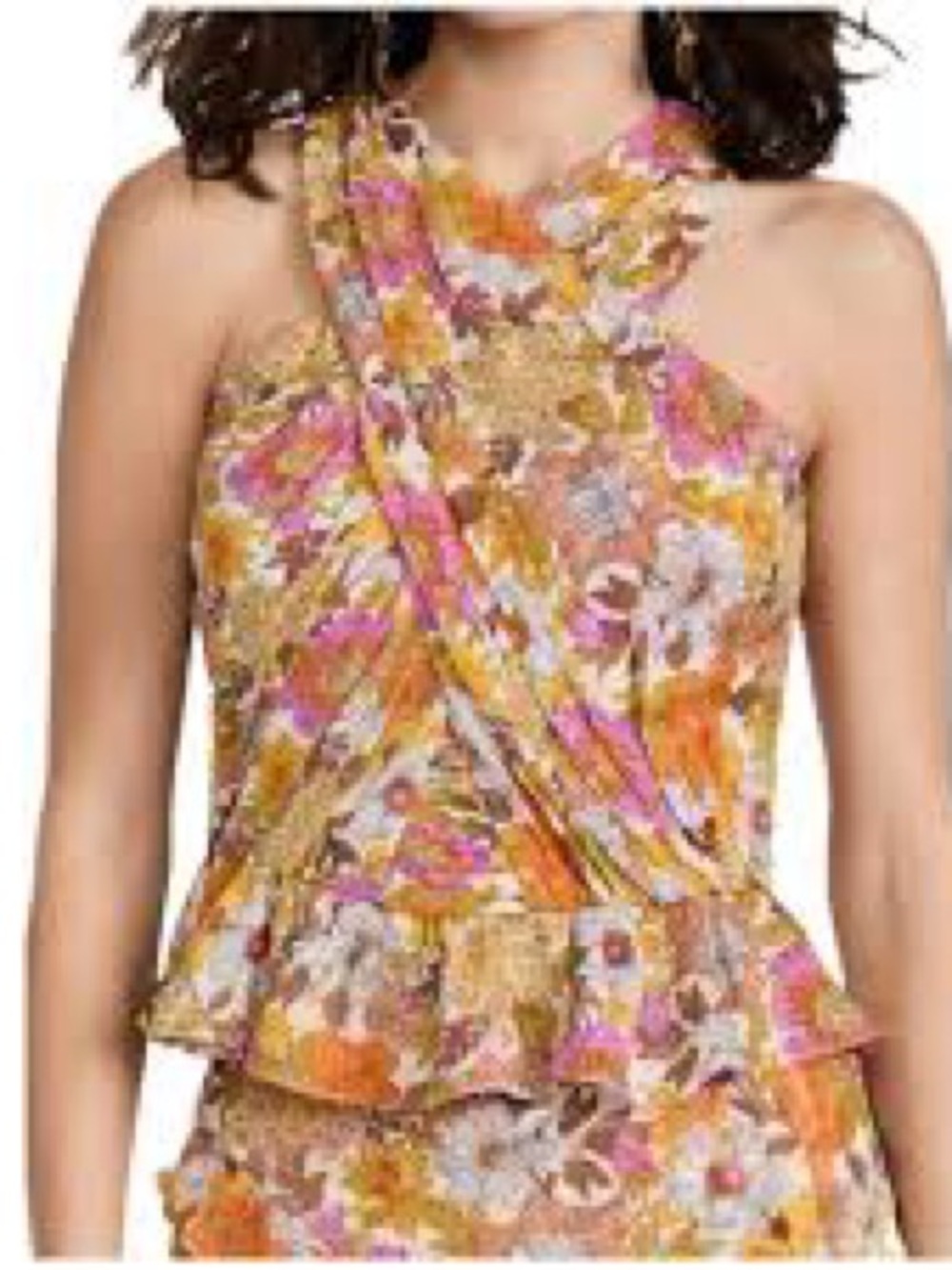 Veronica Beard Floral Halter Peplum Top in Pink, Orange, Cream